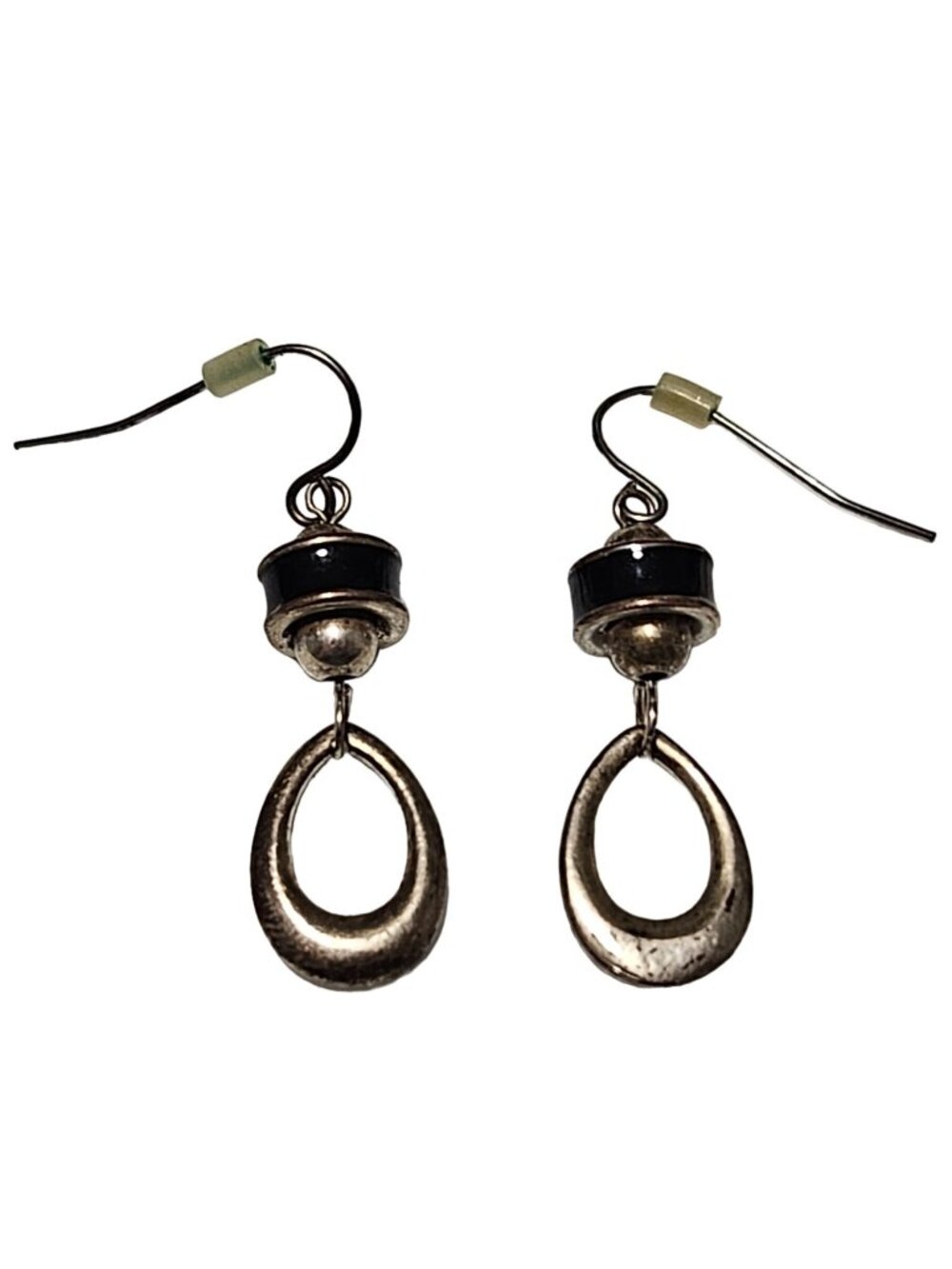 Vintage Dangle Earrings Silver Tone Oval Black Accents Retro Fashion Jewelry